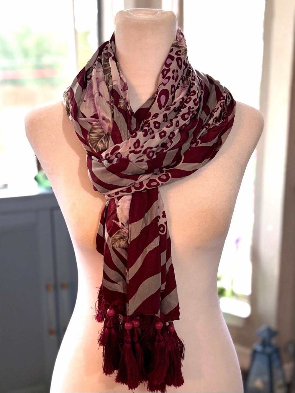 Elegant Burgundy and Taupe Floral Scarf Fringe Long Beaded